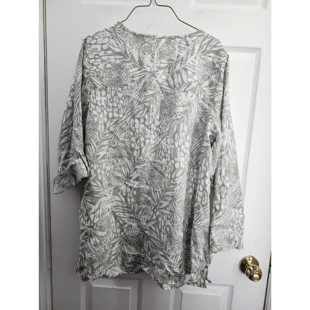 Christian Siriano plus size 1X tunic top 100% linen roll tab sleeve green boho - Picture 2 of 9